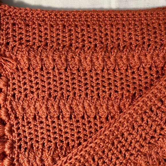 Crochet Afghan Blanket Throw Hand Crafted Salmon Pink Orange Fringe 45 x 39 - Picture 8 of 11